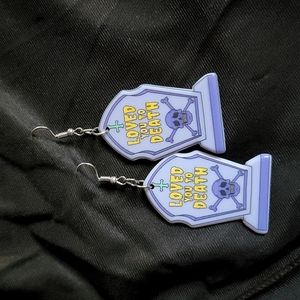 Hippy sun loved you to death tomb stone skull earrings halloween goth punk